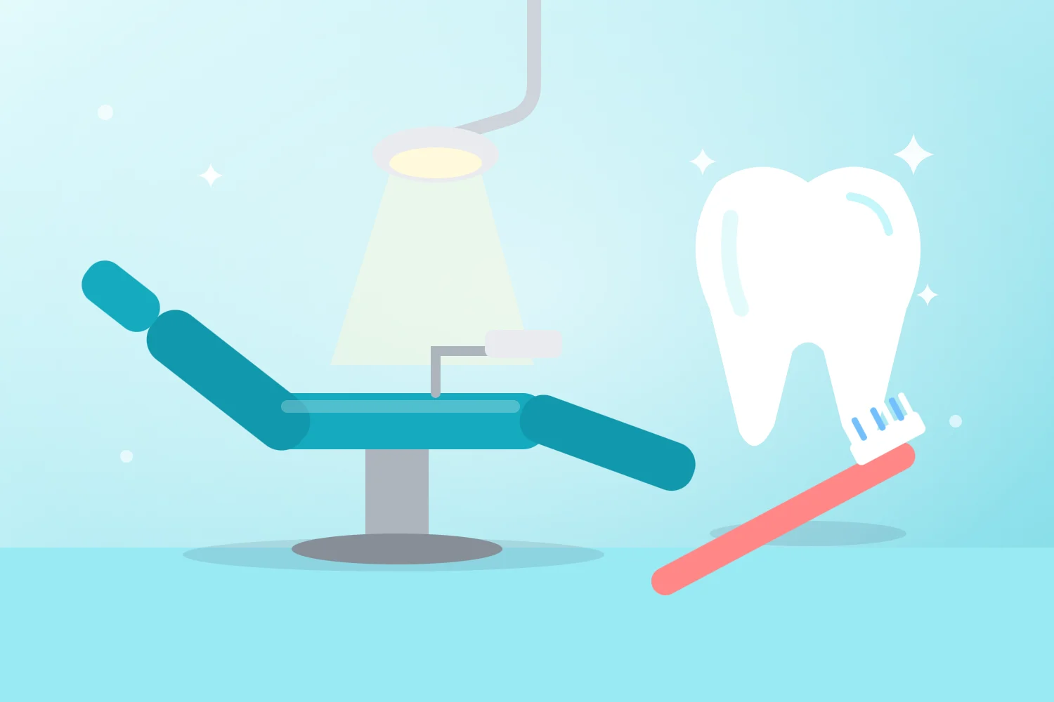 Fotel dentystyczny z lampą, lśniący ząb i szczoteczka