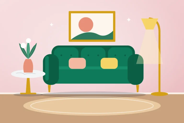 Aksamitna sofa, marmurowy stolik i złota lampa w eleganckim salonie