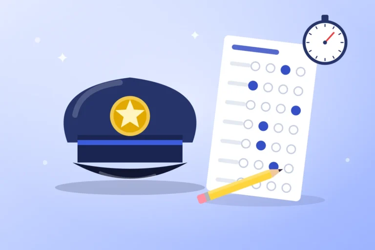 Czapka policyjna, test z odpowiedziami, ołówek i stoper