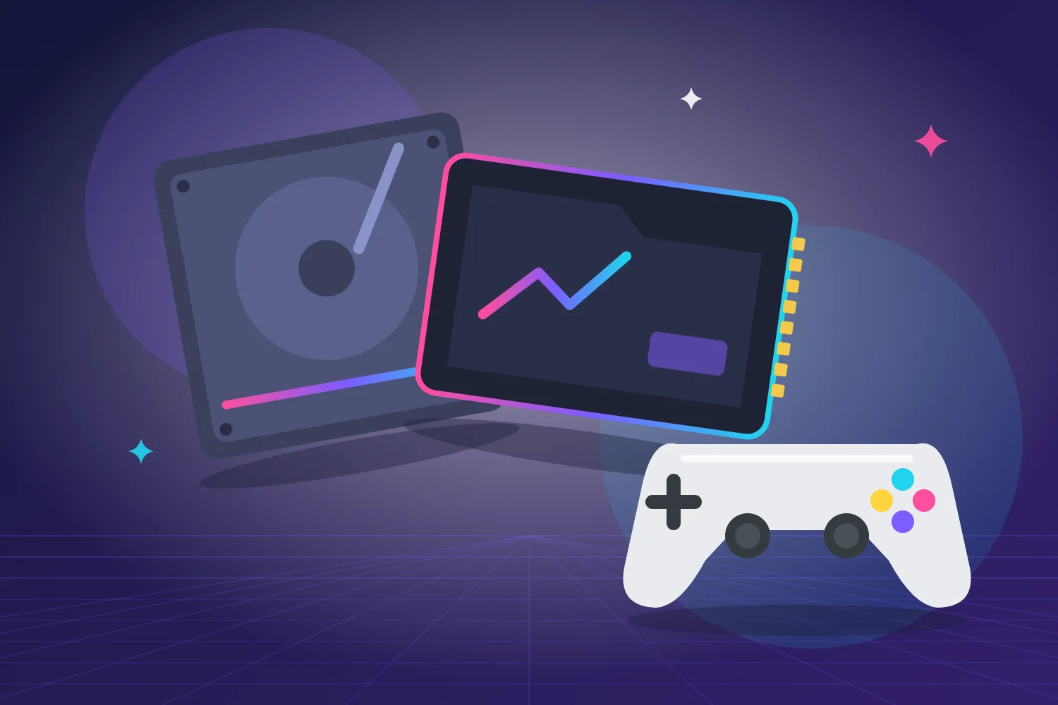 Dysk SSD, dysk twardy i pad do gier w neonowym świetle